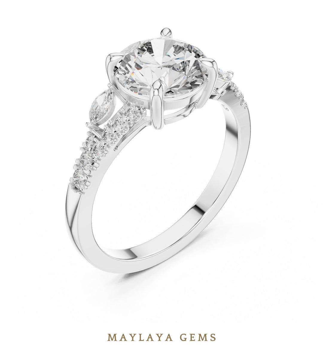 Maylaya Gems round marquise trilogy lab-grown diamond ring in white gold