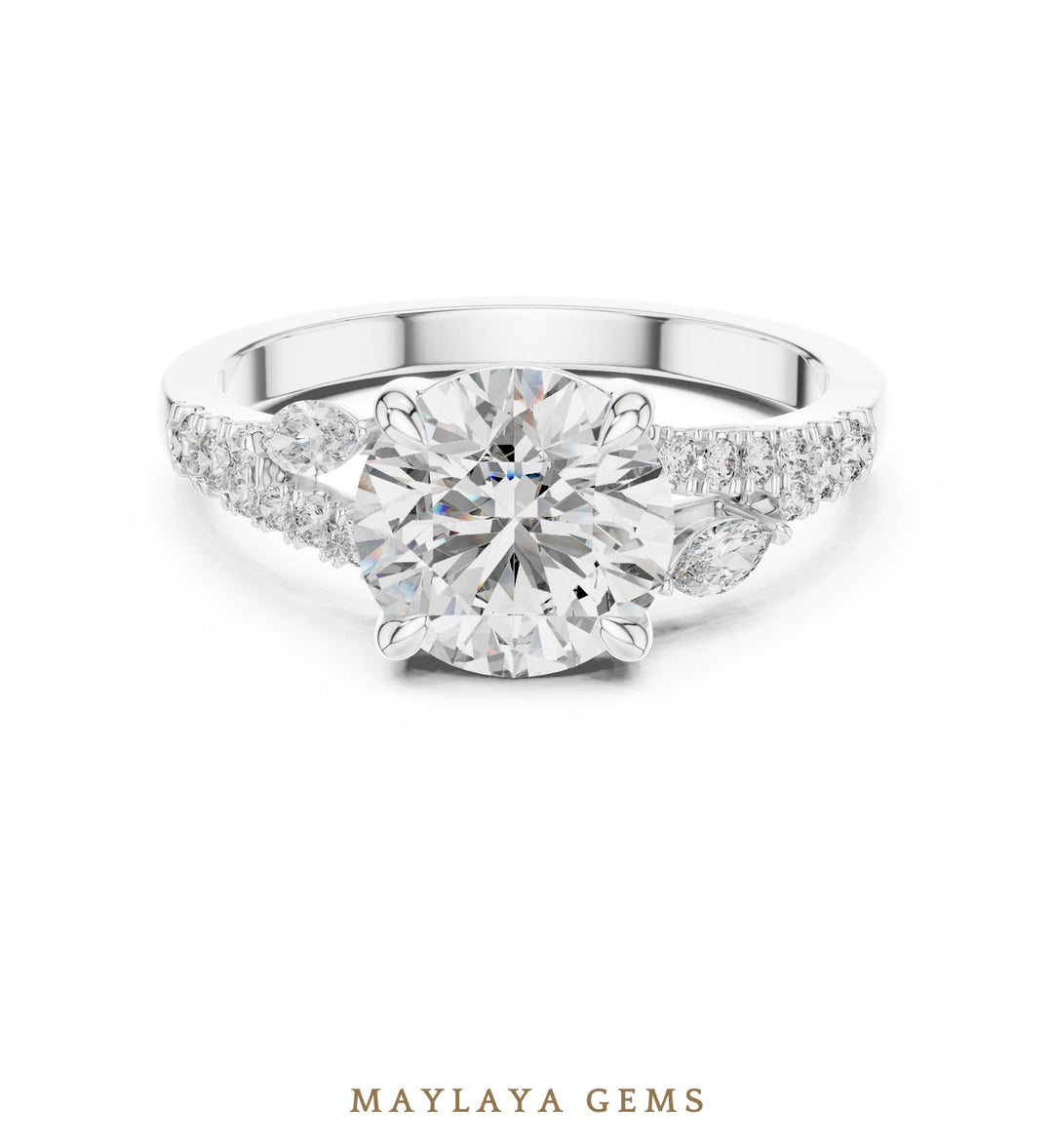 Maylaya Gems round marquise trilogy lab-grown diamond ring in white gold