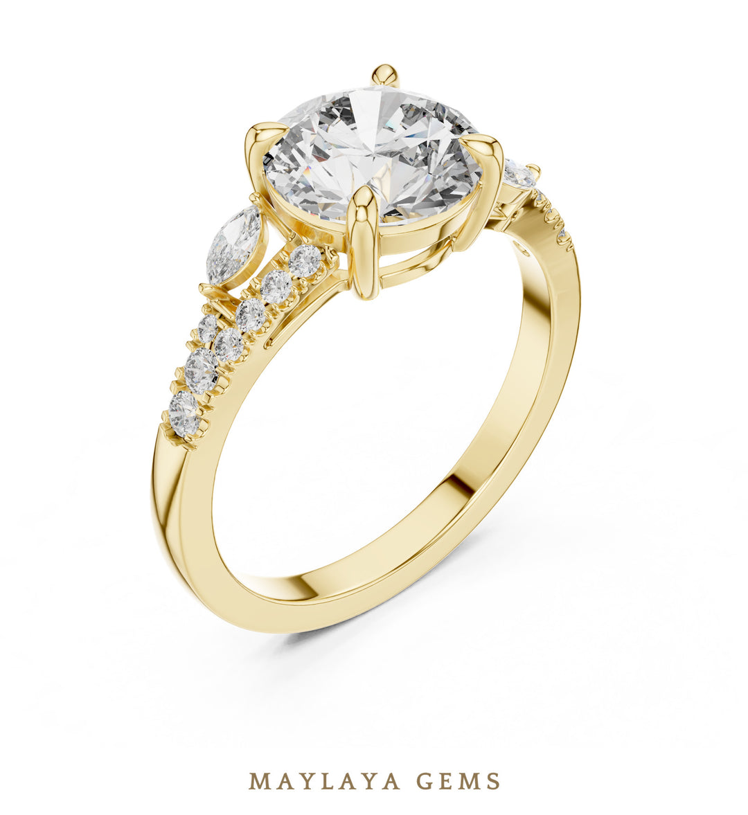 Maylaya Gems round marquise trilogy lab-grown diamond ring in yellow gold