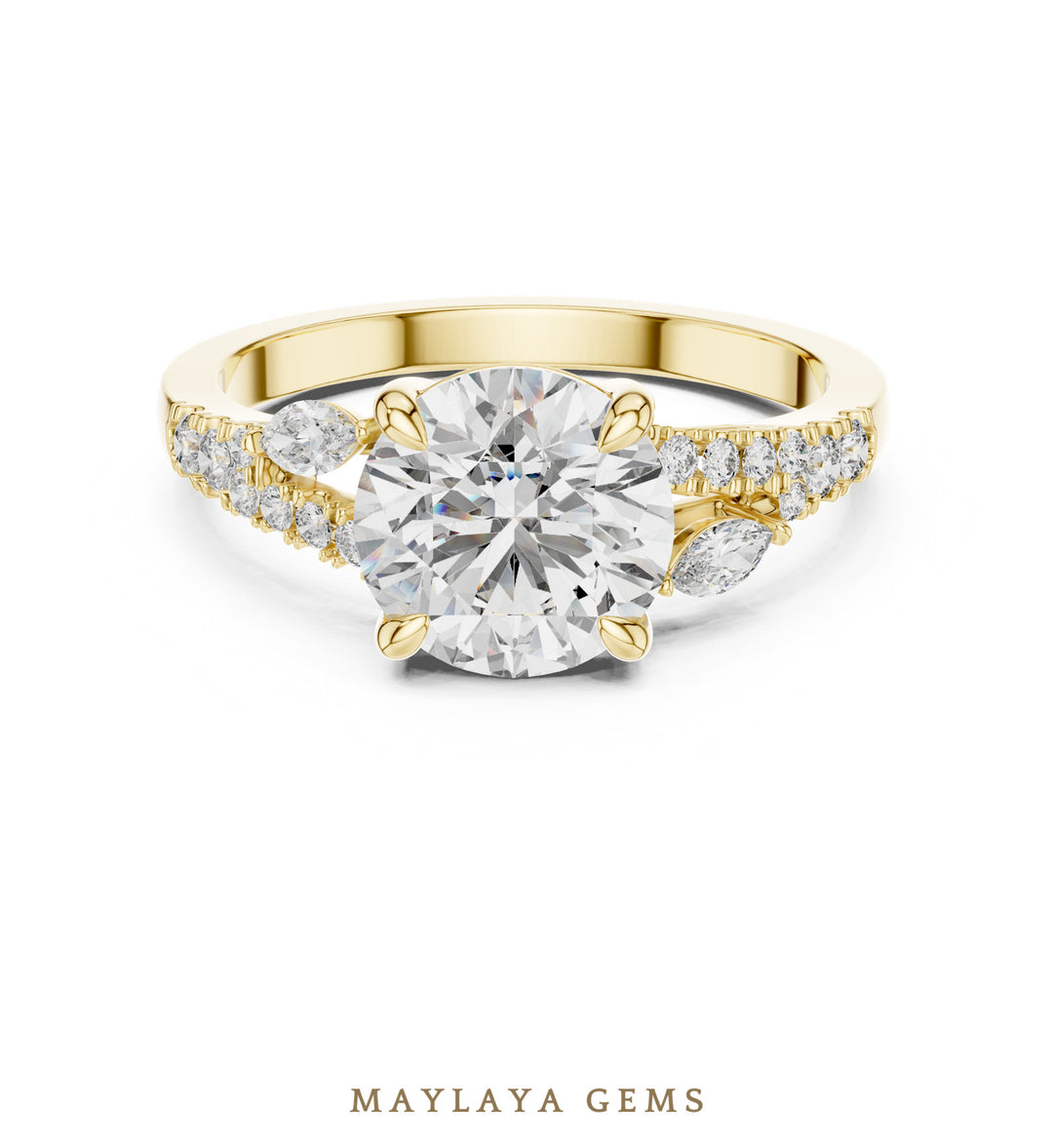 Maylaya Gems round marquise trilogy lab-grown diamond ring in yellow gold