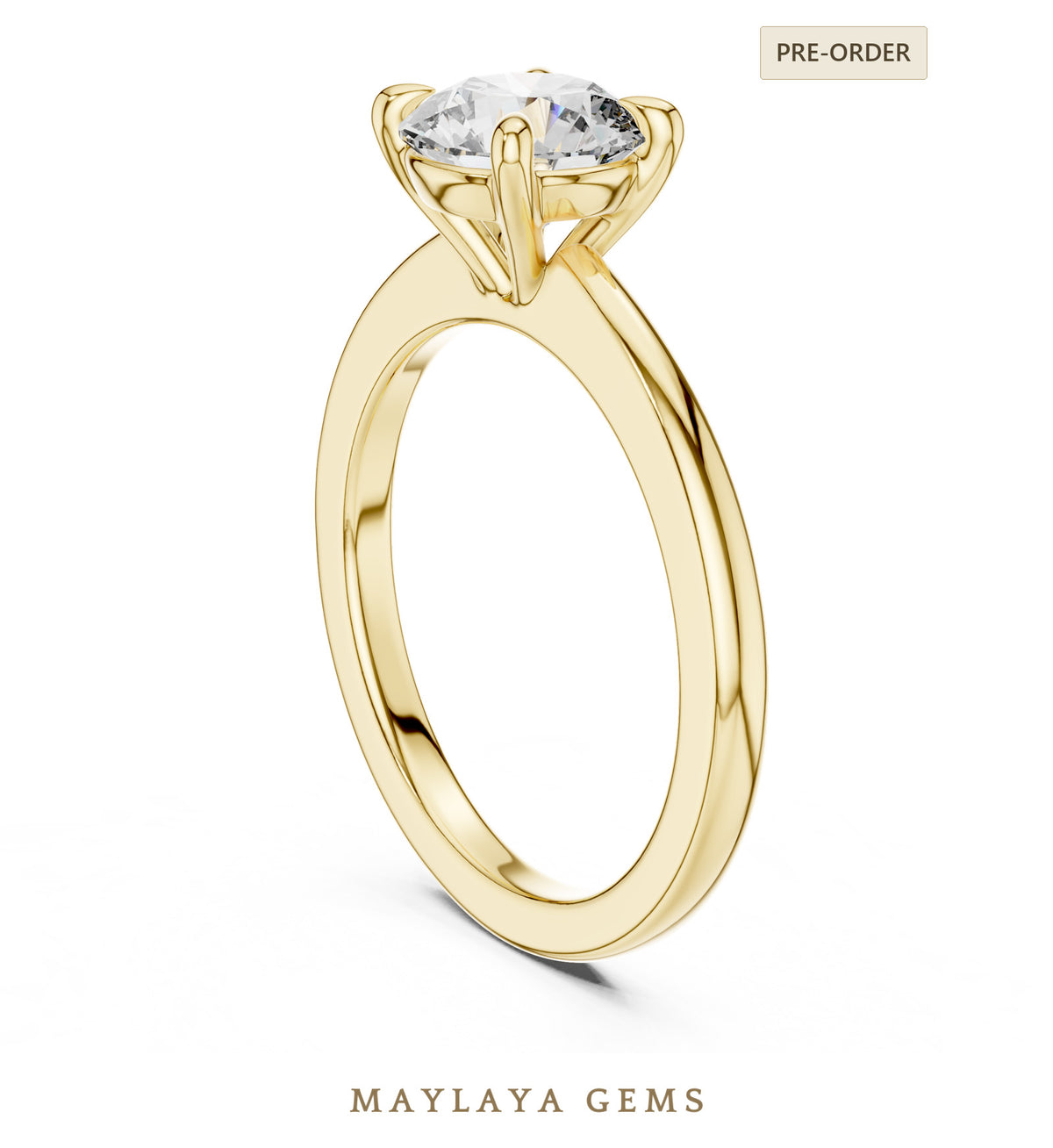 Maylaya gems round four prong solitaire lab grown diamond ring in yellow gold