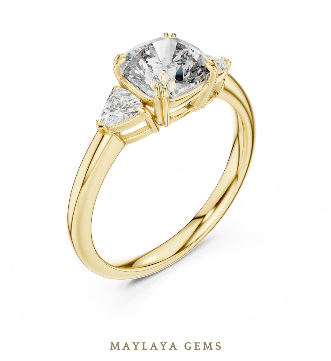Maylaya Gems trillion cushion trilogy lab-grown diamond ring in yellow gold