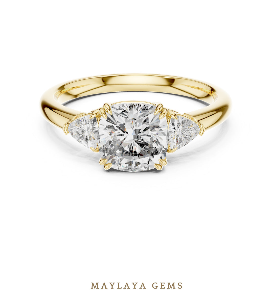 Maylaya Gems trillion cushion trilogy lab-grown diamond ring in yellow gold