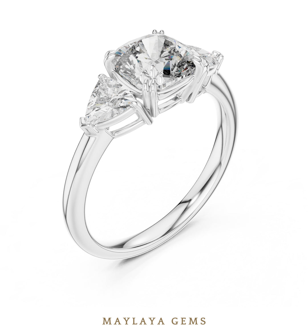 Maylaya Gems trillion bold cushion trilogy lab-grown diamond ring in white gold