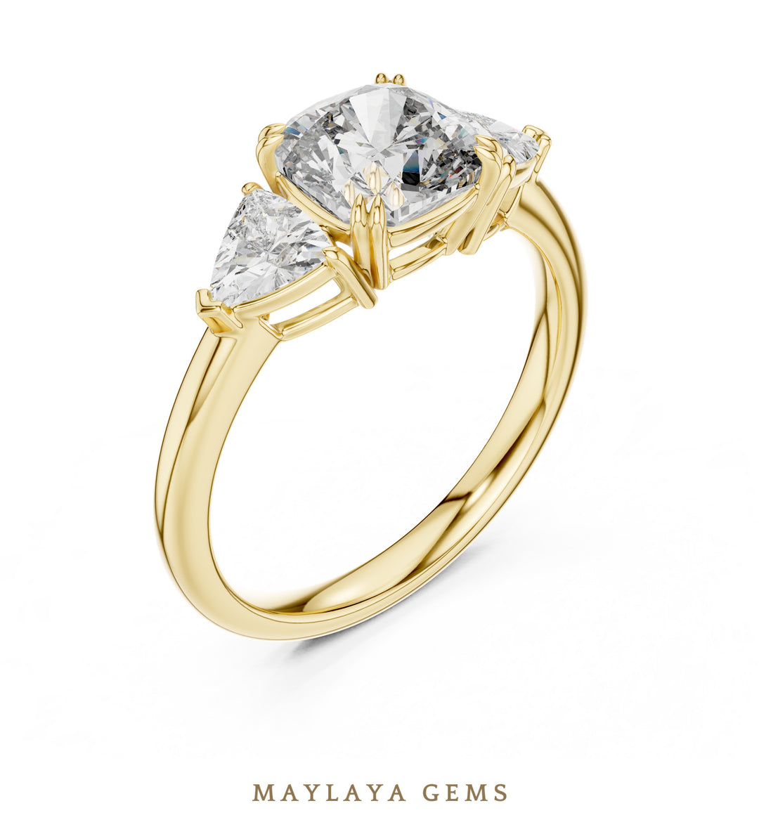 Maylaya Gems trillion bold cushion trilogy lab-grown diamond ring in yellow gold