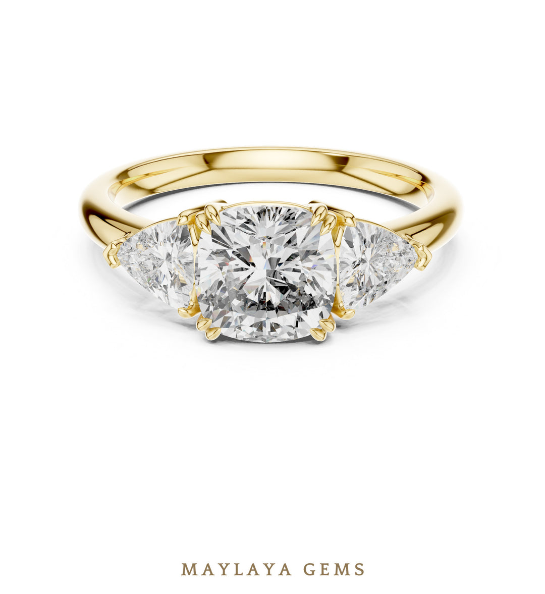 Maylaya Gems trillion bold cushion trilogy lab-grown diamond ring in yellow gold