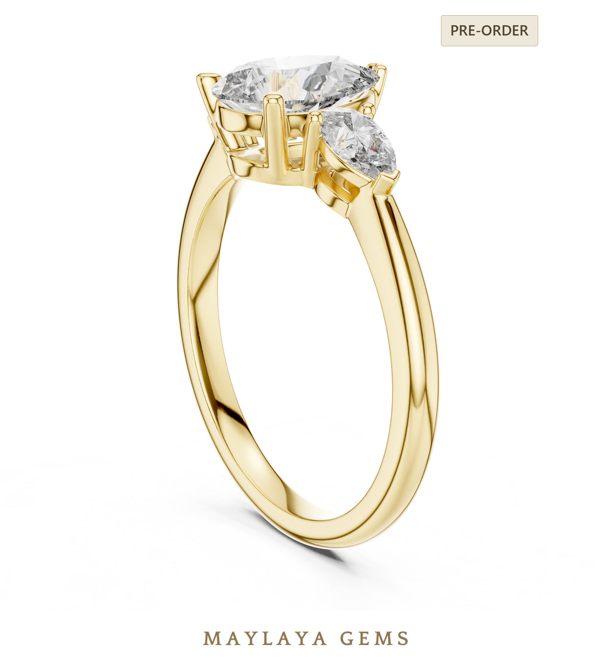 Maylaya gems pear trilogy lab grown diamond ring in yellow gold