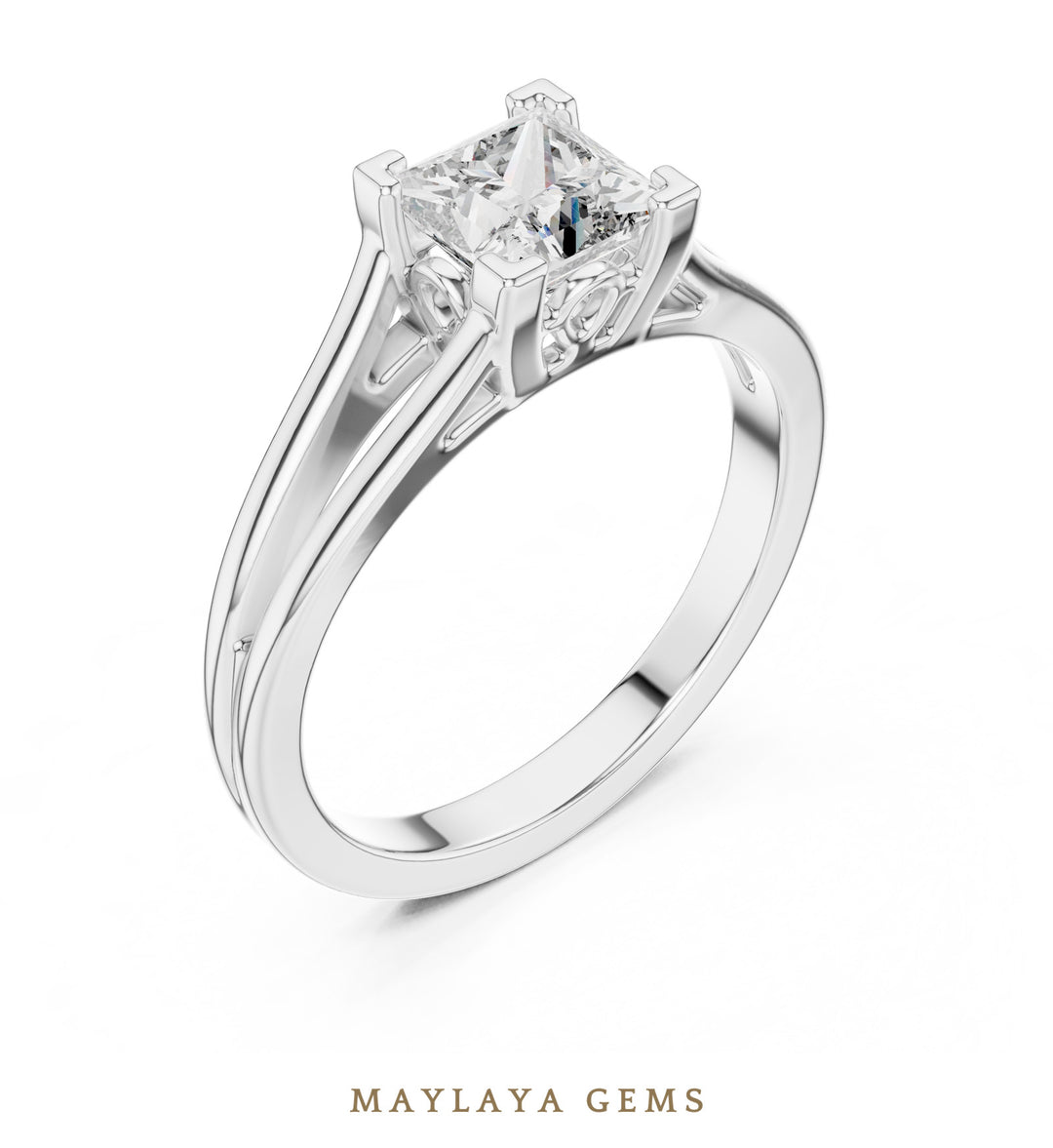 Maylaya Gems princess sculpted solitaire lab-grown diamond ring in white gold