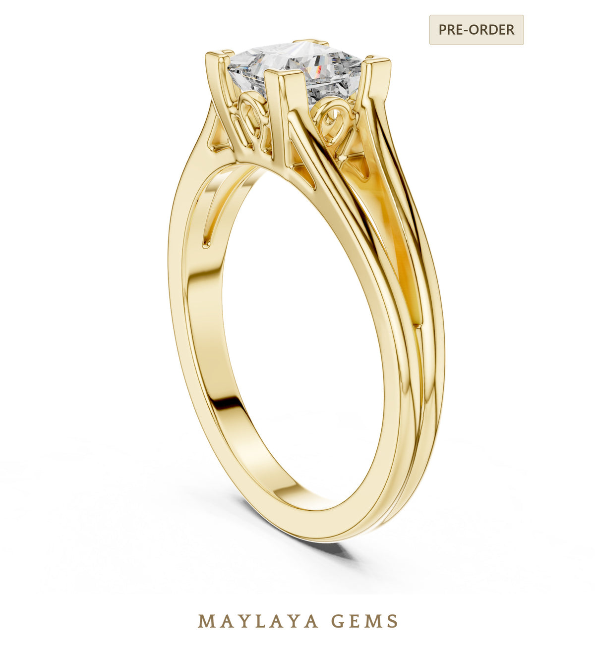 Maylaya gems princess sculpted solitaire lab grown diamond ring in yellow gold