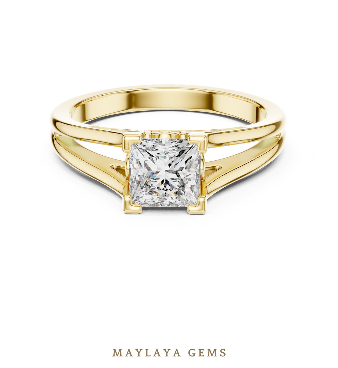 Maylaya Gems princess sculpted solitaire lab-grown diamond ring in yellow gold