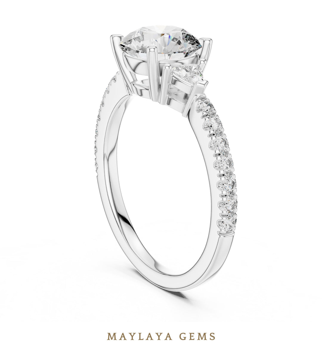 Maylaya Gems round trillion pave trilogy lab-grown diamond ring in white gold