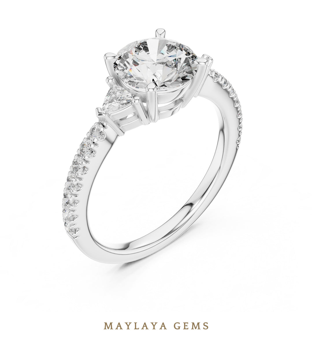 Maylaya Gems round trillion pave trilogy lab-grown diamond ring in white gold
