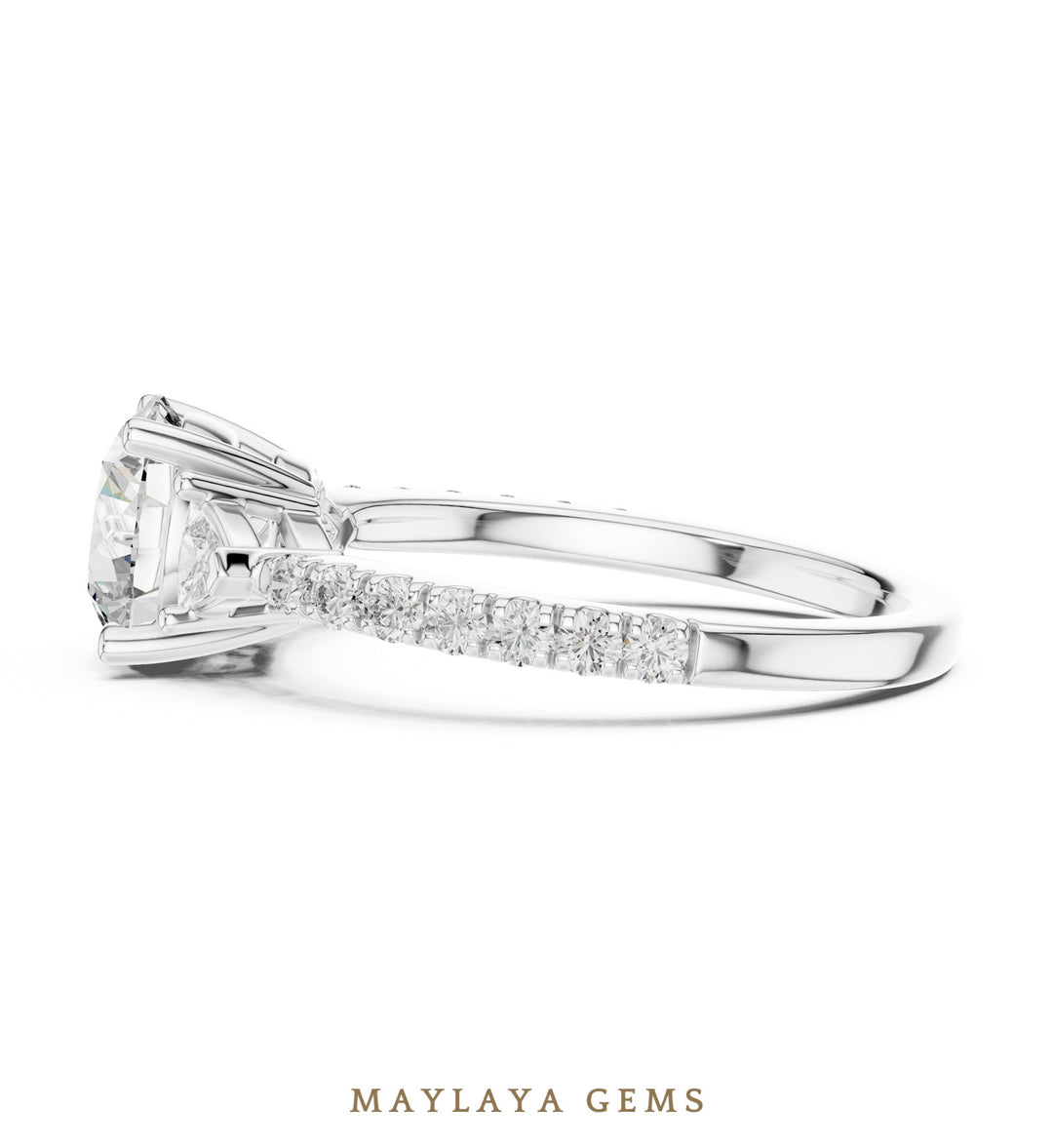 Maylaya Gems round trillion pave trilogy lab-grown diamond ring in white gold