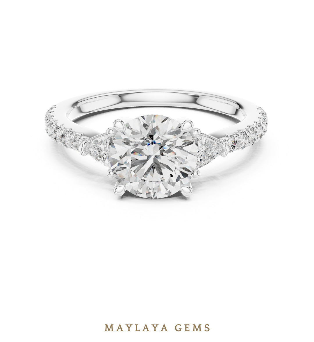 Maylaya Gems round trillion pave trilogy lab-grown diamond ring in white gold