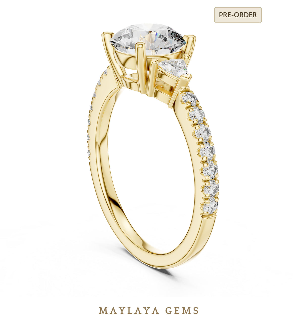 Maylaya gems round trillion pave trilogy lab grown diamond ring in yellow gold