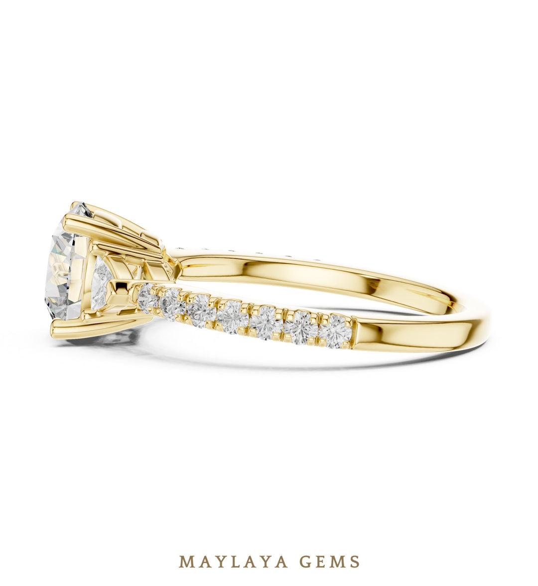 Maylaya Gems round trillion pave trilogy lab-grown diamond ring in yellow gold