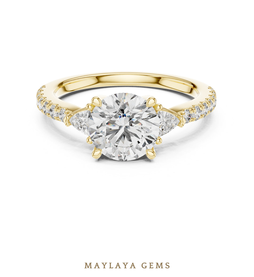 Maylaya Gems round trillion pave trilogy lab-grown diamond ring in yellow gold