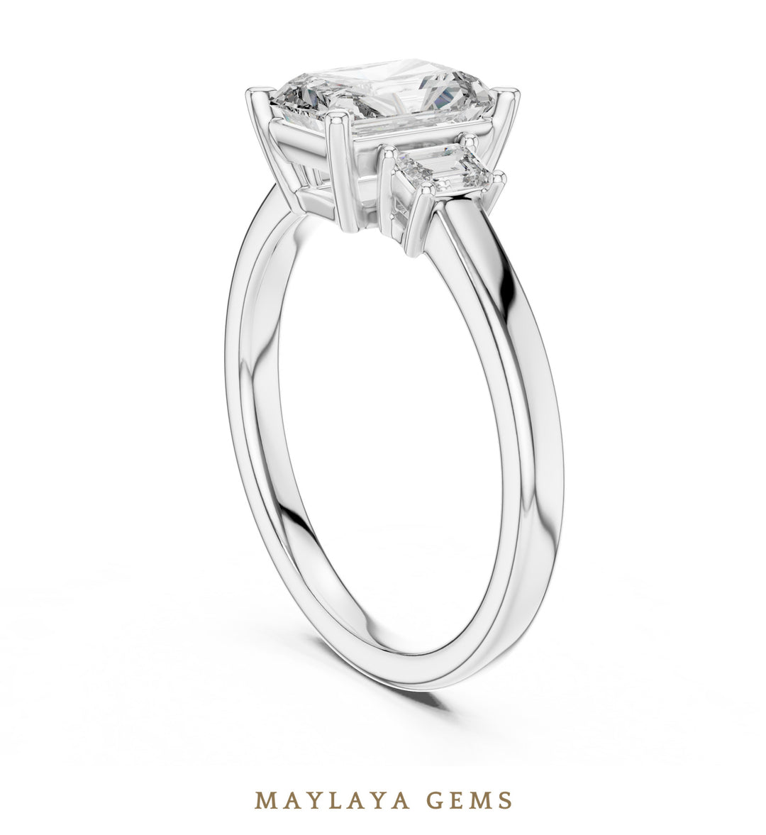 Maylaya Gems radiant emerald trilogy lab-grown diamond ring in white gold