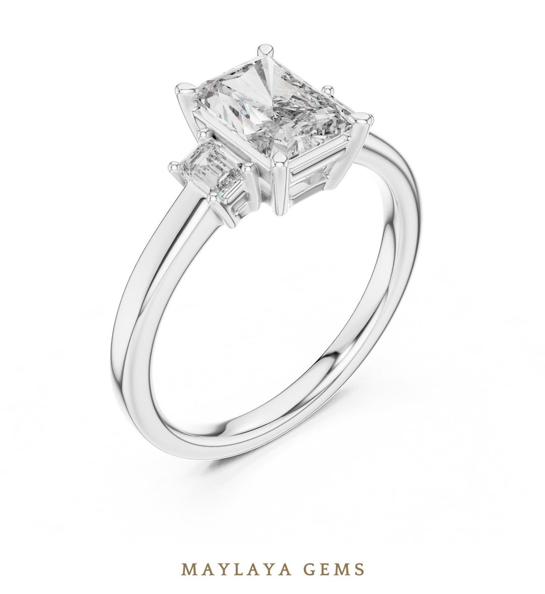 Maylaya Gems radiant emerald trilogy lab-grown diamond ring in white gold