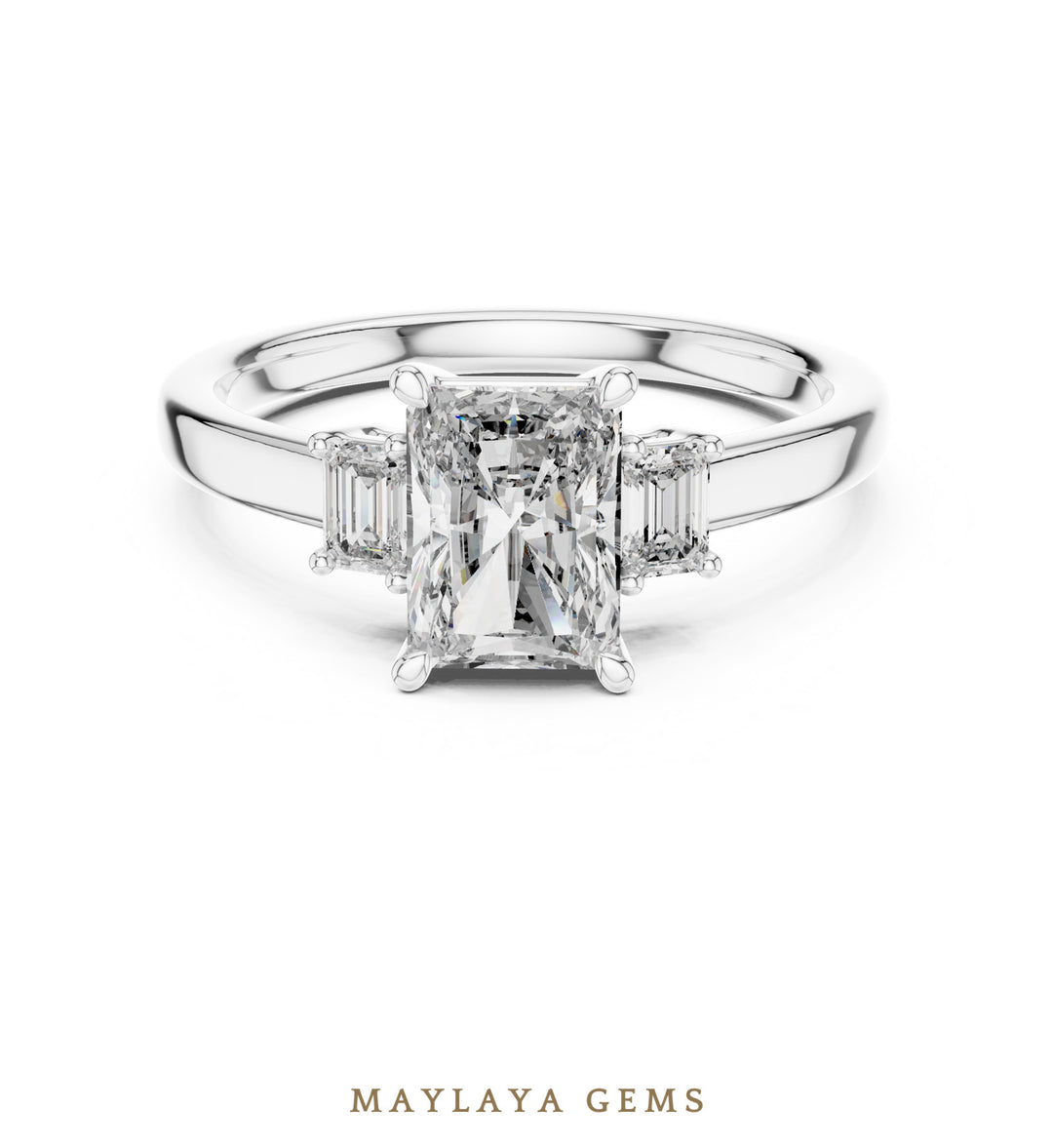 Maylaya Gems radiant emerald trilogy lab-grown diamond ring in white gold
