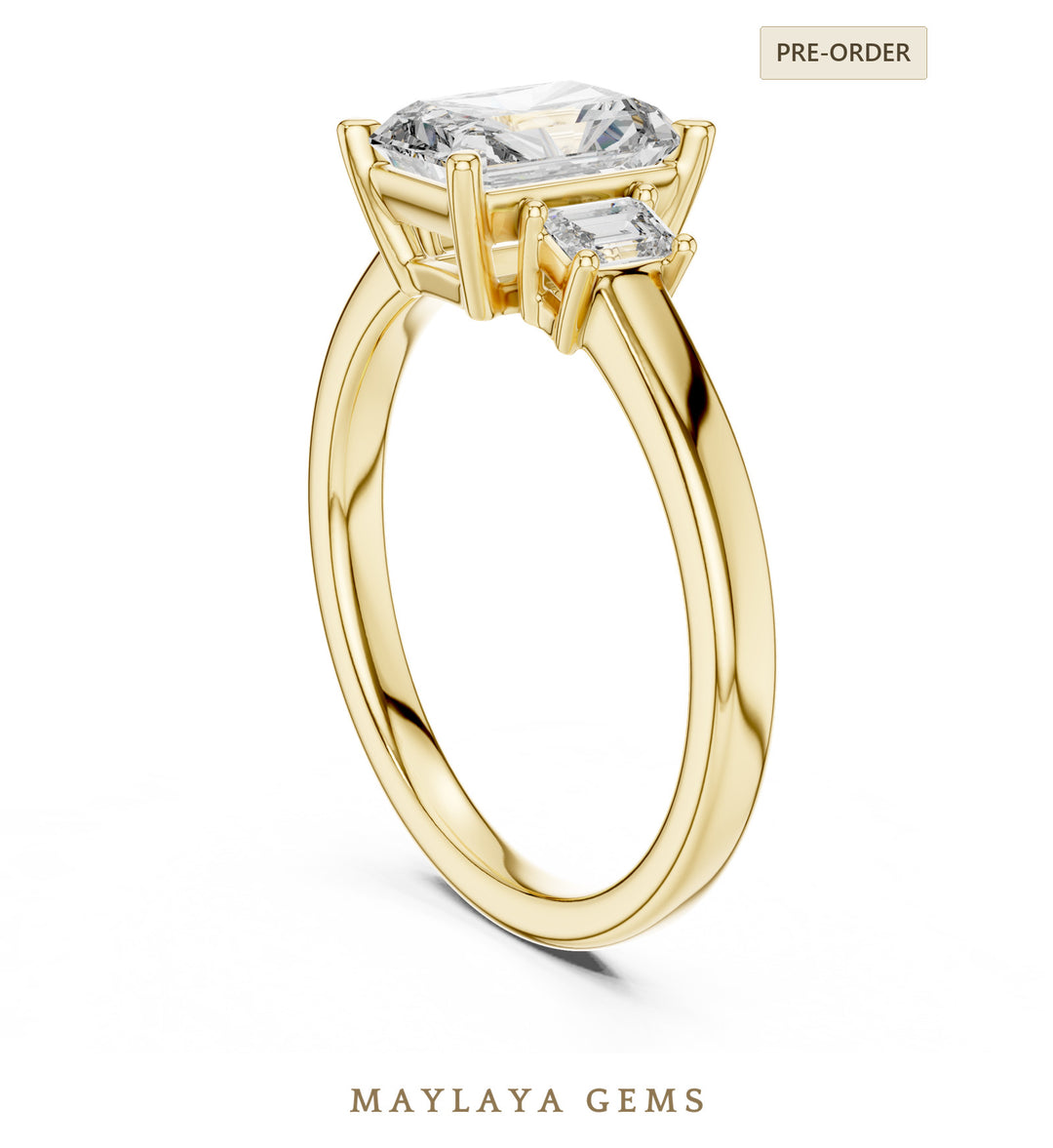 Maylaya Gems radiant emerald trilogy lab-grown diamond ring in yellow gold