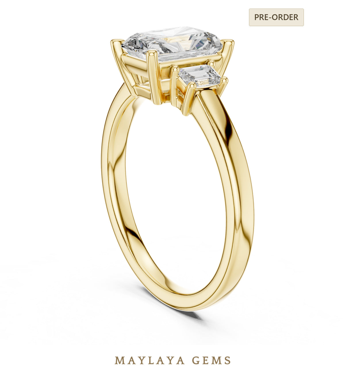 Maylaya gems radiant emerald trilogy lab grown diamond ring in yellow gold