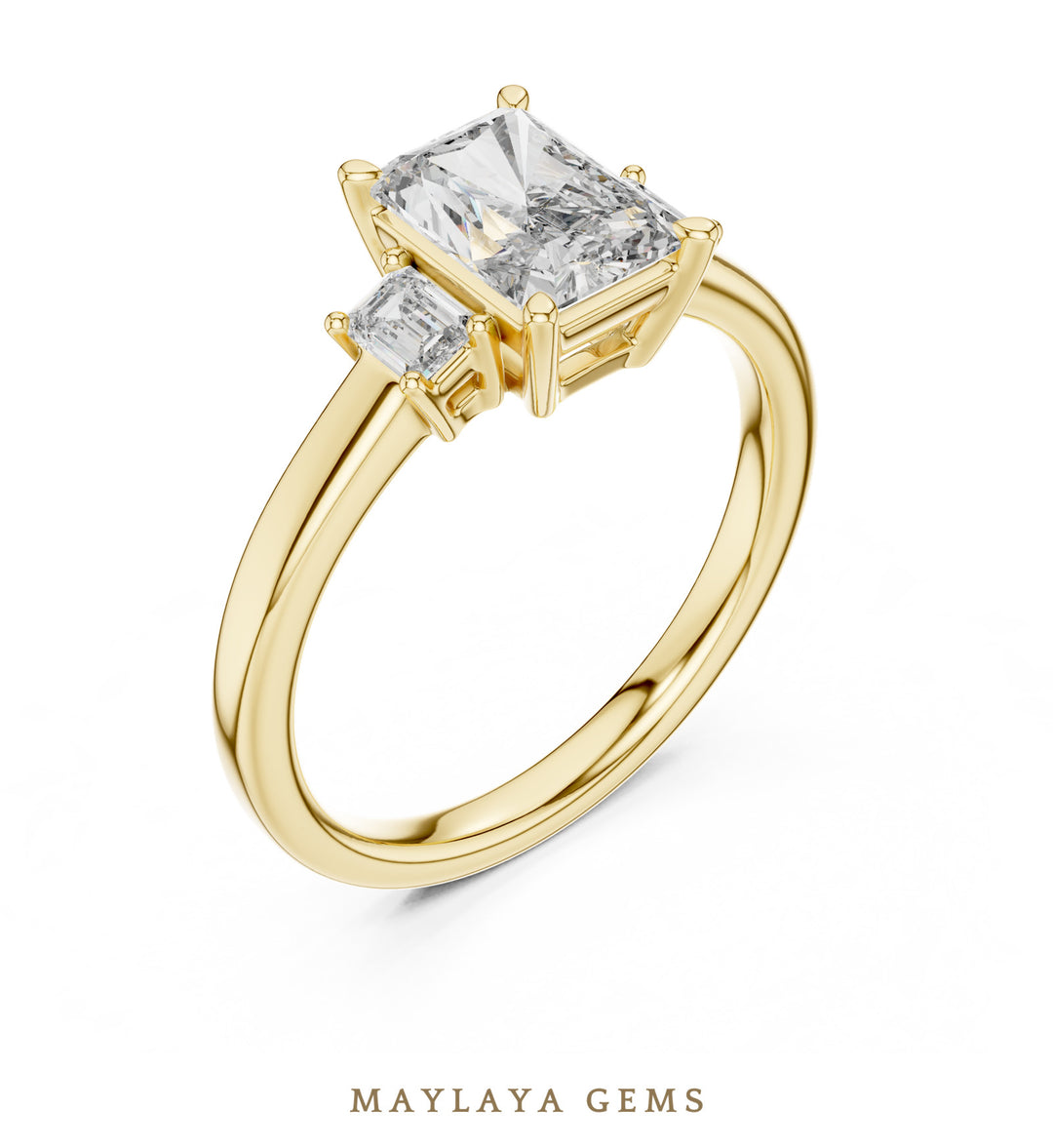 Maylaya Gems radiant emerald trilogy lab-grown diamond ring in yellow gold