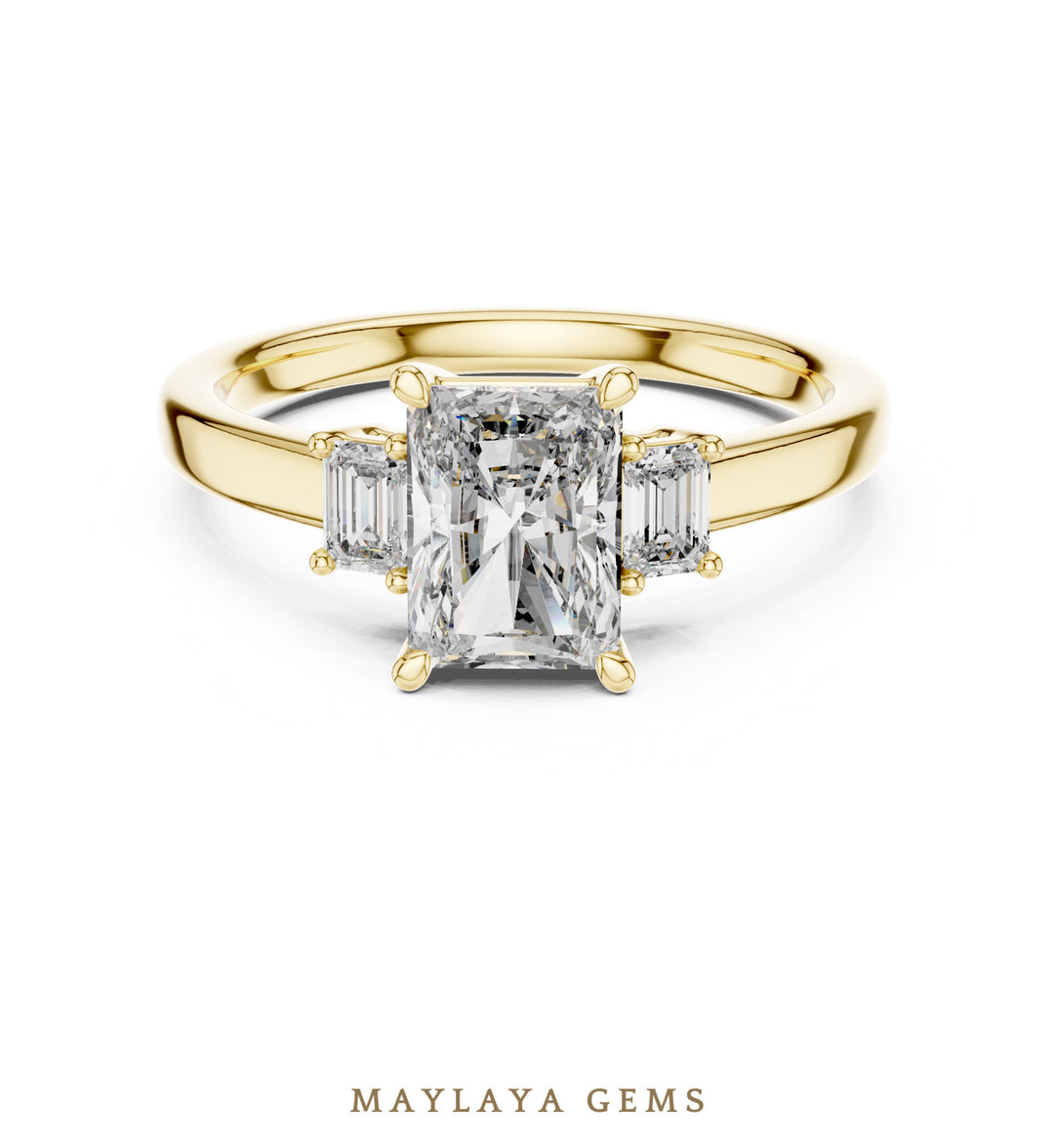 Maylaya Gems radiant emerald trilogy lab-grown diamond ring in yellow gold