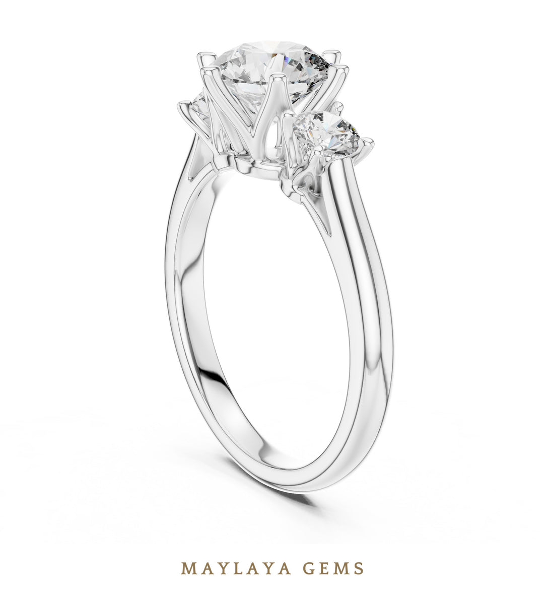 Maylaya Gems classic round trilogy lab-grown diamond ring in white gold