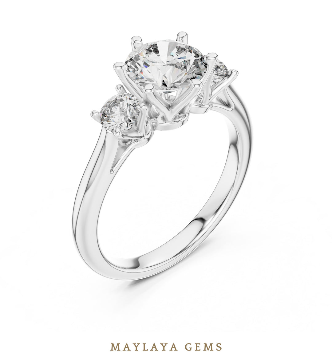 Maylaya Gems classic round trilogy lab-grown diamond ring in white gold