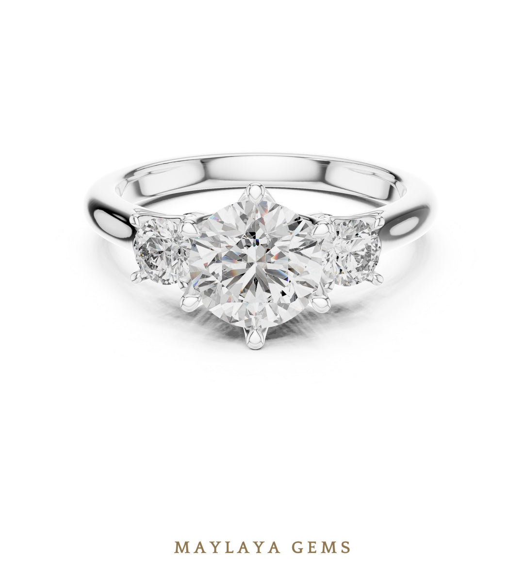 Maylaya Gems classic round trilogy lab-grown diamond ring in white gold