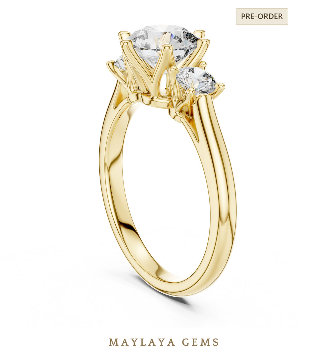 Maylaya Gems classic round trilogy lab-grown diamond ring in yellow gold