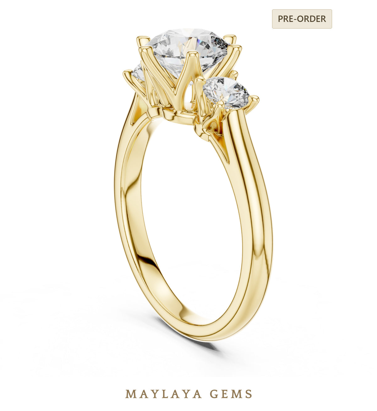 Maylaya gems classic round trilogy lab grown diamond ring in yellow gold