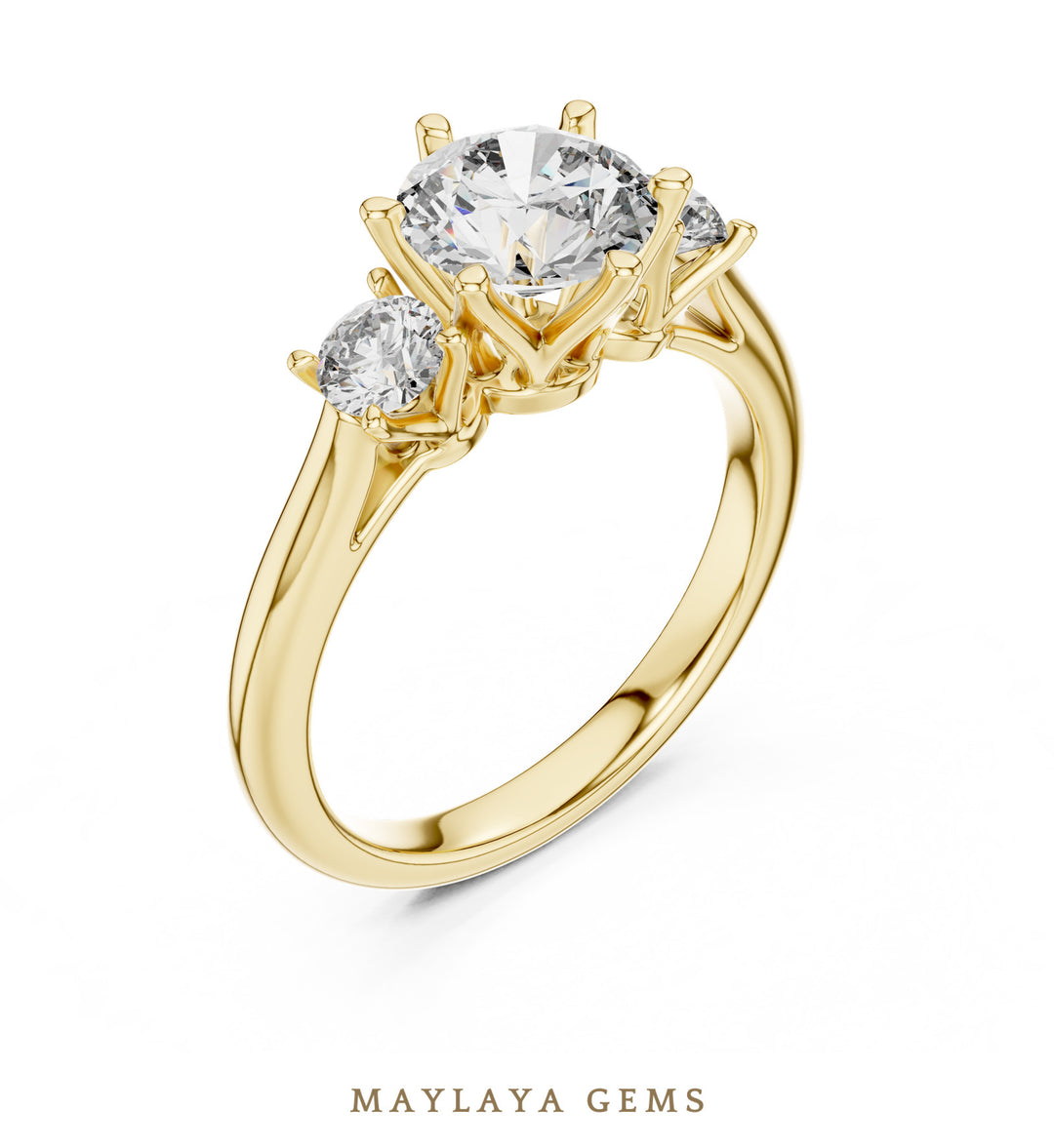 Maylaya Gems classic round trilogy lab-grown diamond ring in yellow gold