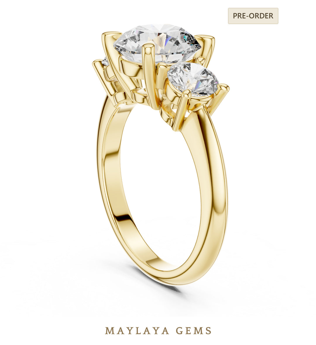 Maylaya Gems grand round trilogy lab-grown diamond ring in yellow gold