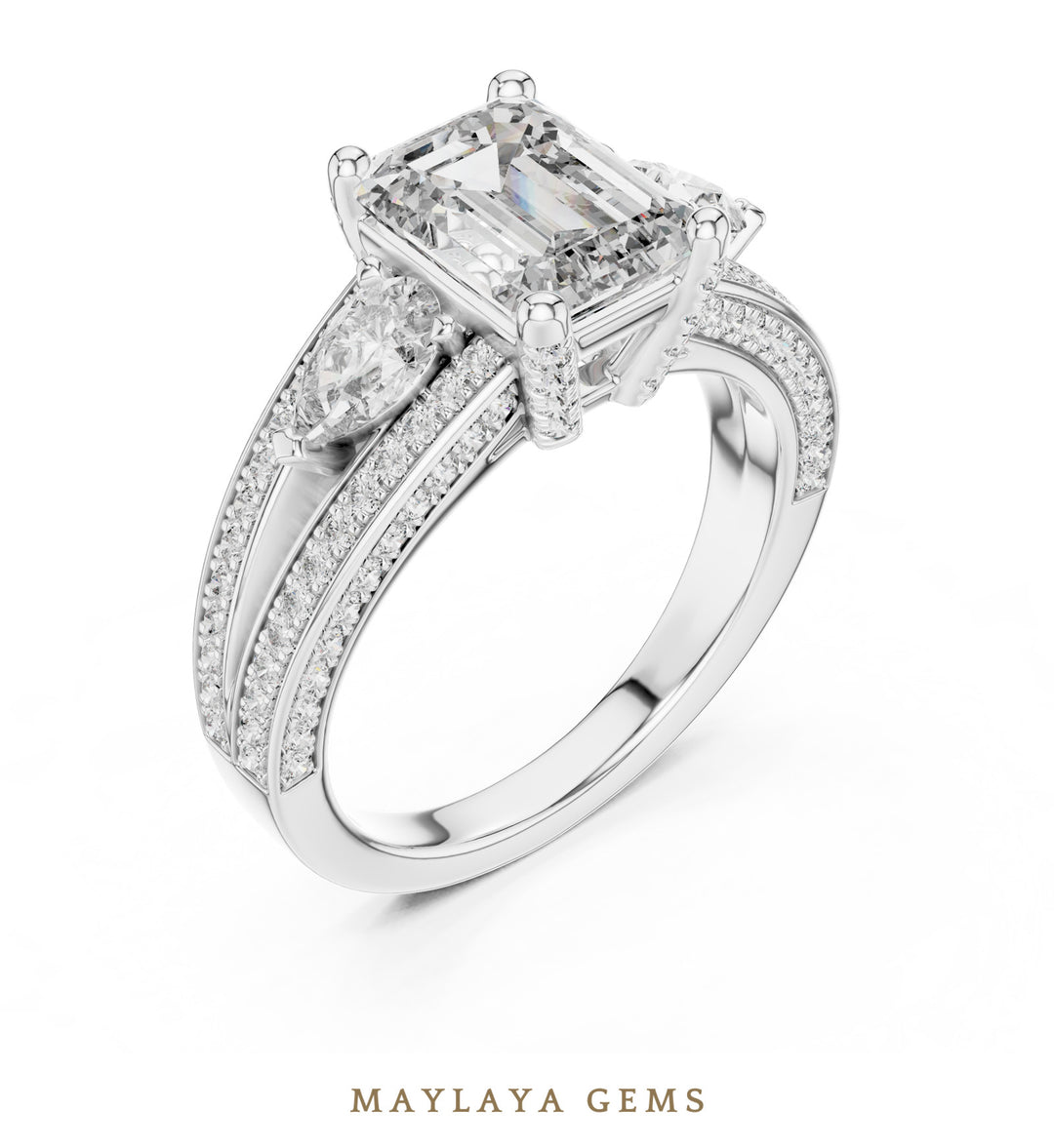 Maylaya Gems emerald pear pave trilogy lab-grown diamond ring in white gold