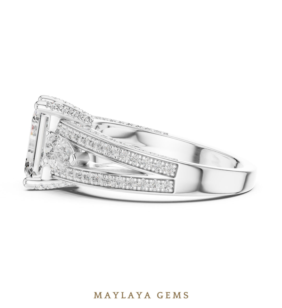 Maylaya Gems emerald pear pave trilogy lab-grown diamond ring in white gold