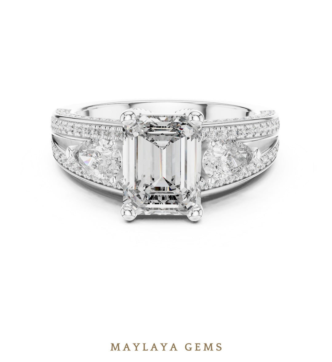 Maylaya Gems emerald pear pave trilogy lab-grown diamond ring in white gold