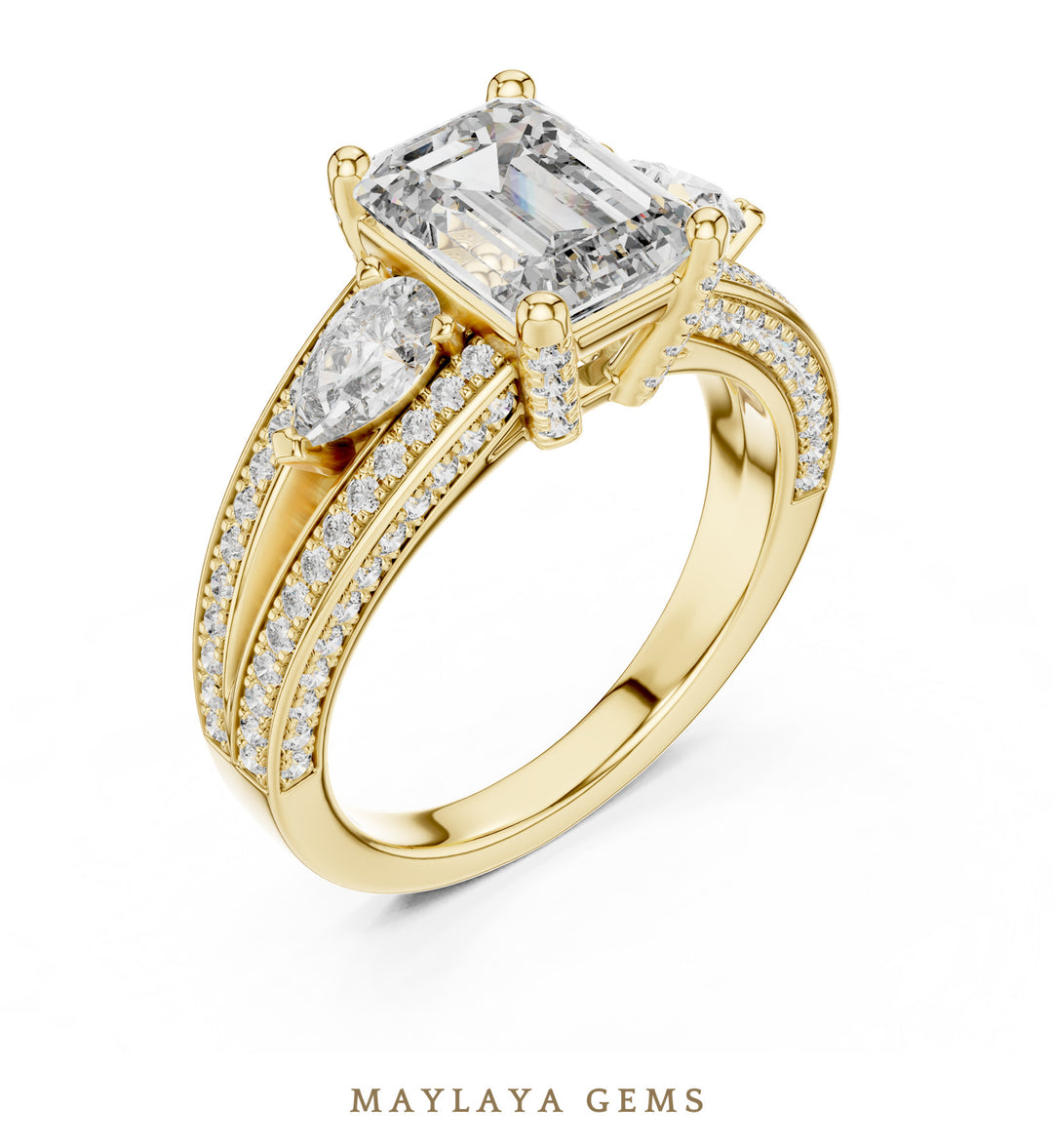 Maylaya Gems emerald pear pave trilogy lab-grown diamond ring in yellow gold