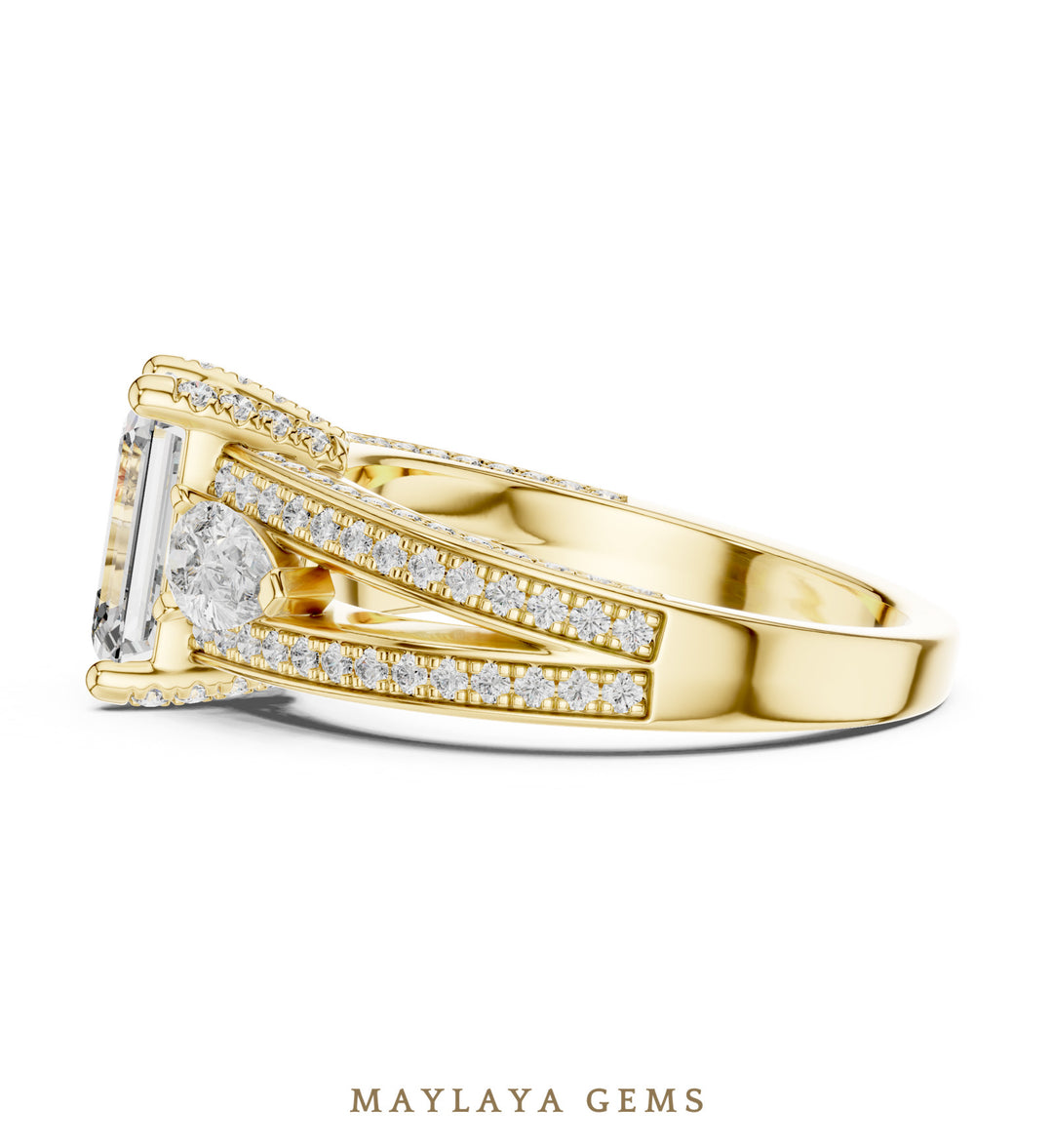 Maylaya Gems emerald pear pave trilogy lab-grown diamond ring in yellow gold