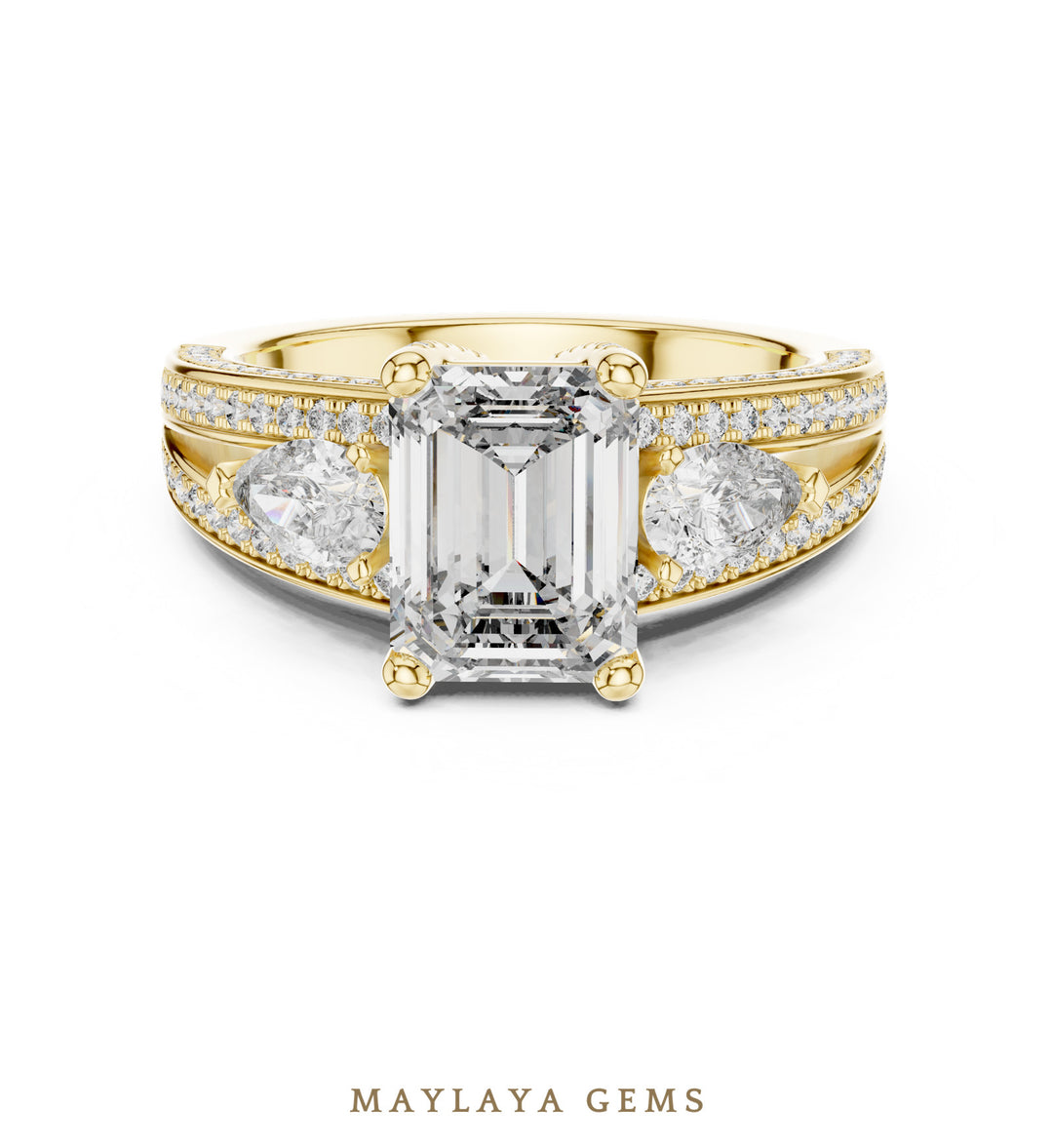 Maylaya Gems emerald pear pave trilogy lab-grown diamond ring in yellow gold