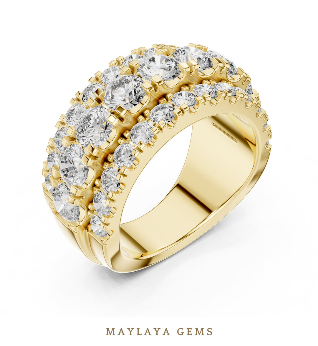 Maylaya Gems round triple-row lab-grown diamond band in yellow gold