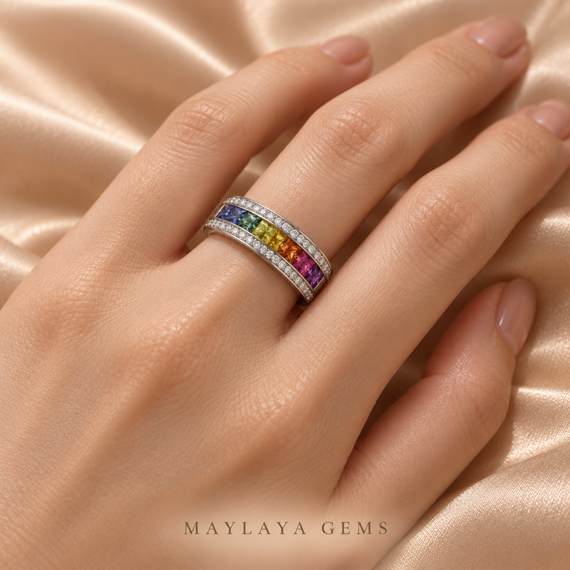 Maylaya Gems E015 ring worn on a model's hand — close-up view