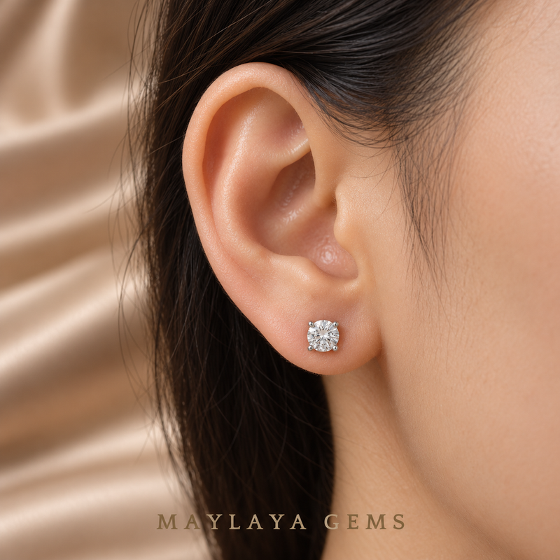 Maylaya Gems ER002 on-ear illustration, scaled to approximate carat-to-millimetre dimensions; actual fit varies.