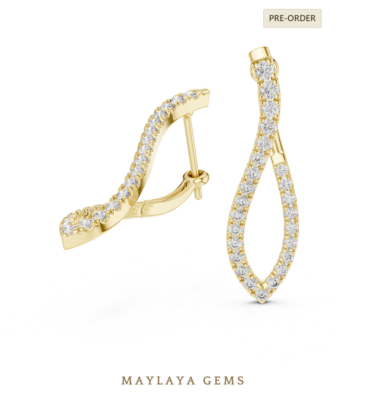 Maylaya gems round twist teardrop lab grown diamond earrings in yellow gold