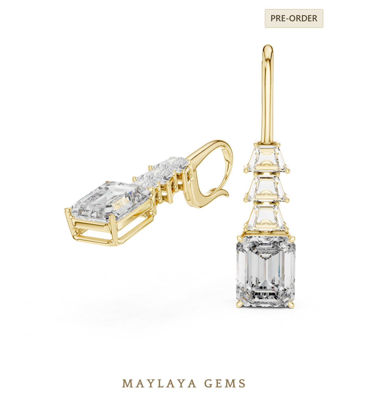 Maylaya gems emerald & trapezoid drop lab grown diamond earrings in yellow gold