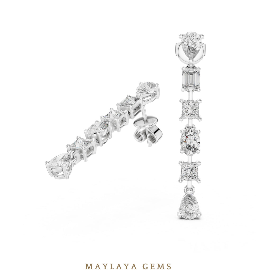 Maylaya Gems mixed-cut linear drop lab-grown diamond earrings in white gold