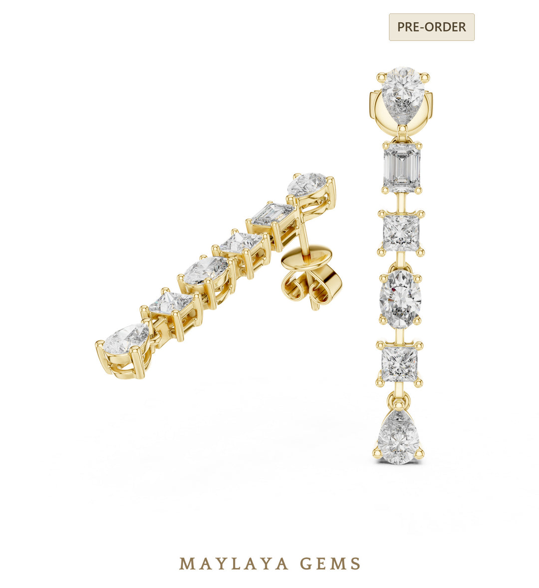Maylaya Gems mixed-cut linear drop lab-grown diamond earrings in yellow gold