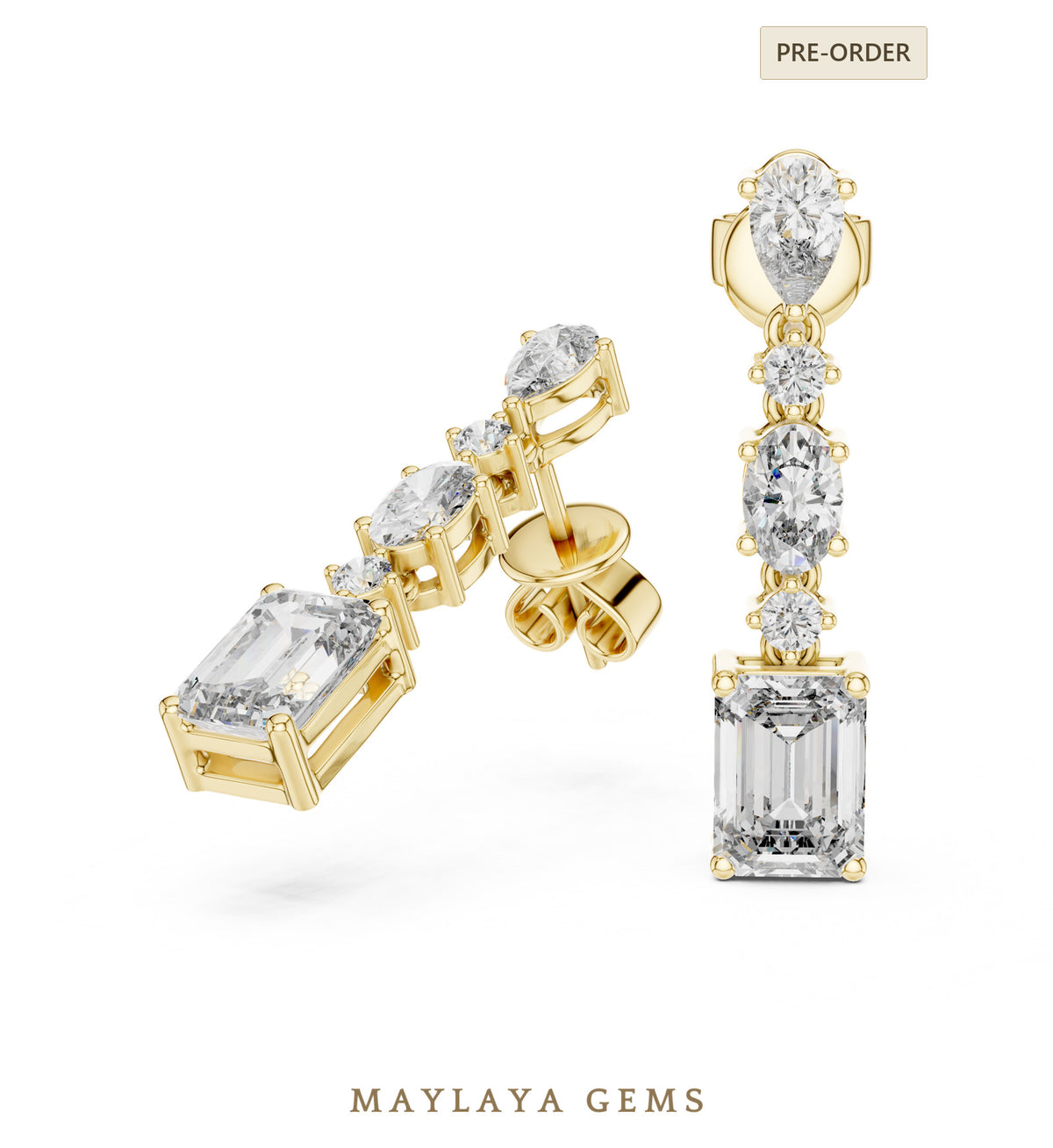Maylaya gems mixed cut emerald drop lab grown diamond earrings in yellow gold