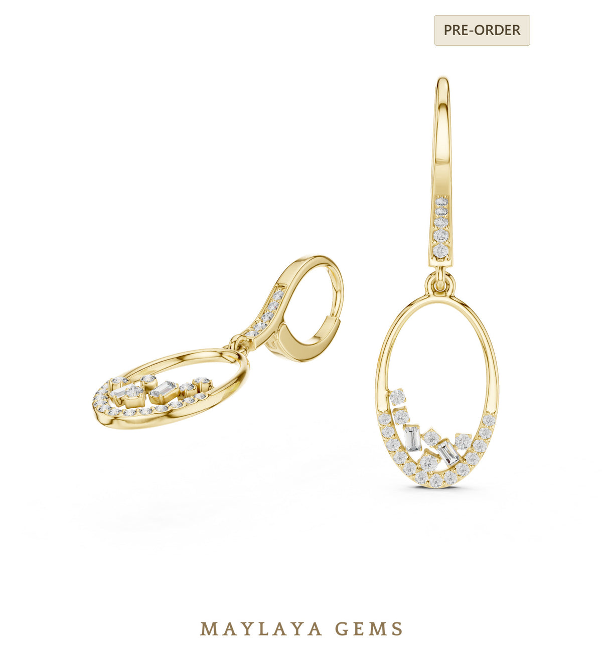 Maylaya gems round & baguette open teardrop lab grown diamond earrings in yellow gold